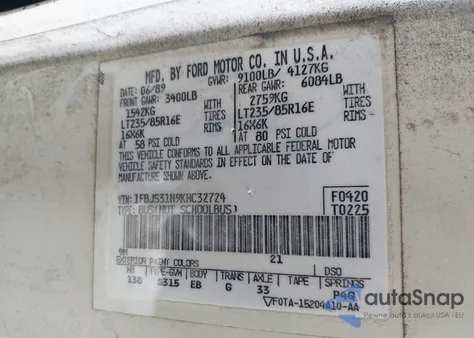 1989 Ford Econoline E350 Super Duty from USA, damaged, VIN 1FBJS31H9KHC32724